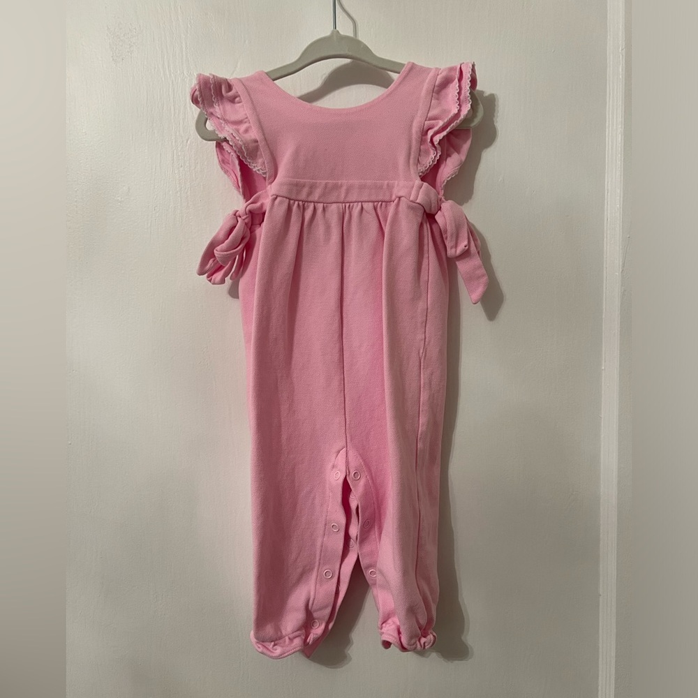 Bella Bliss 9mo pink romper. Ties on sides and pearl buttons on back.